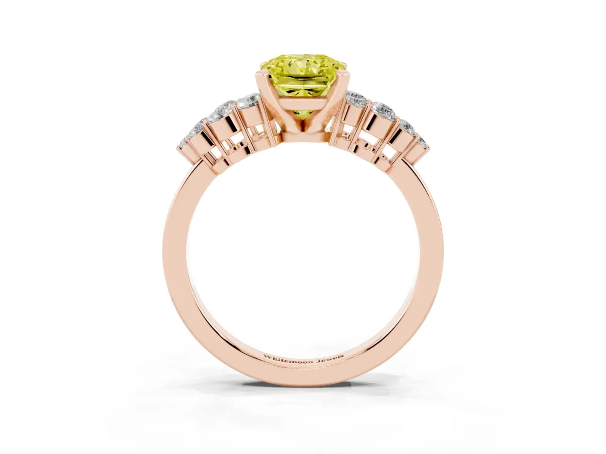 Fancy Yellow Radiant Cut Cluster Diamond Engagement Ring with Pavé Band and Four-Prong Setting Rose gold