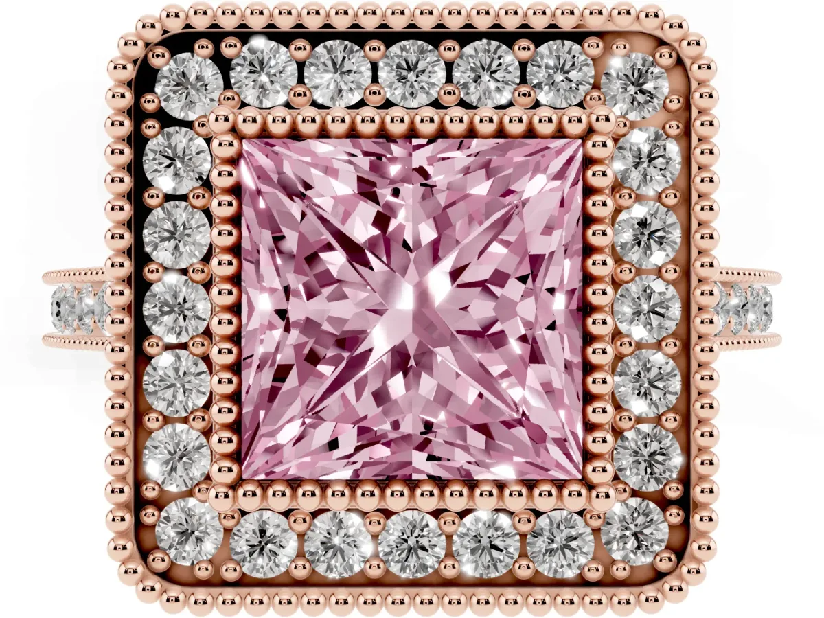 Fancy Pink Princess Cut Diamond Halo Ring with Milgrain Frame and Pavé Band Rose gold