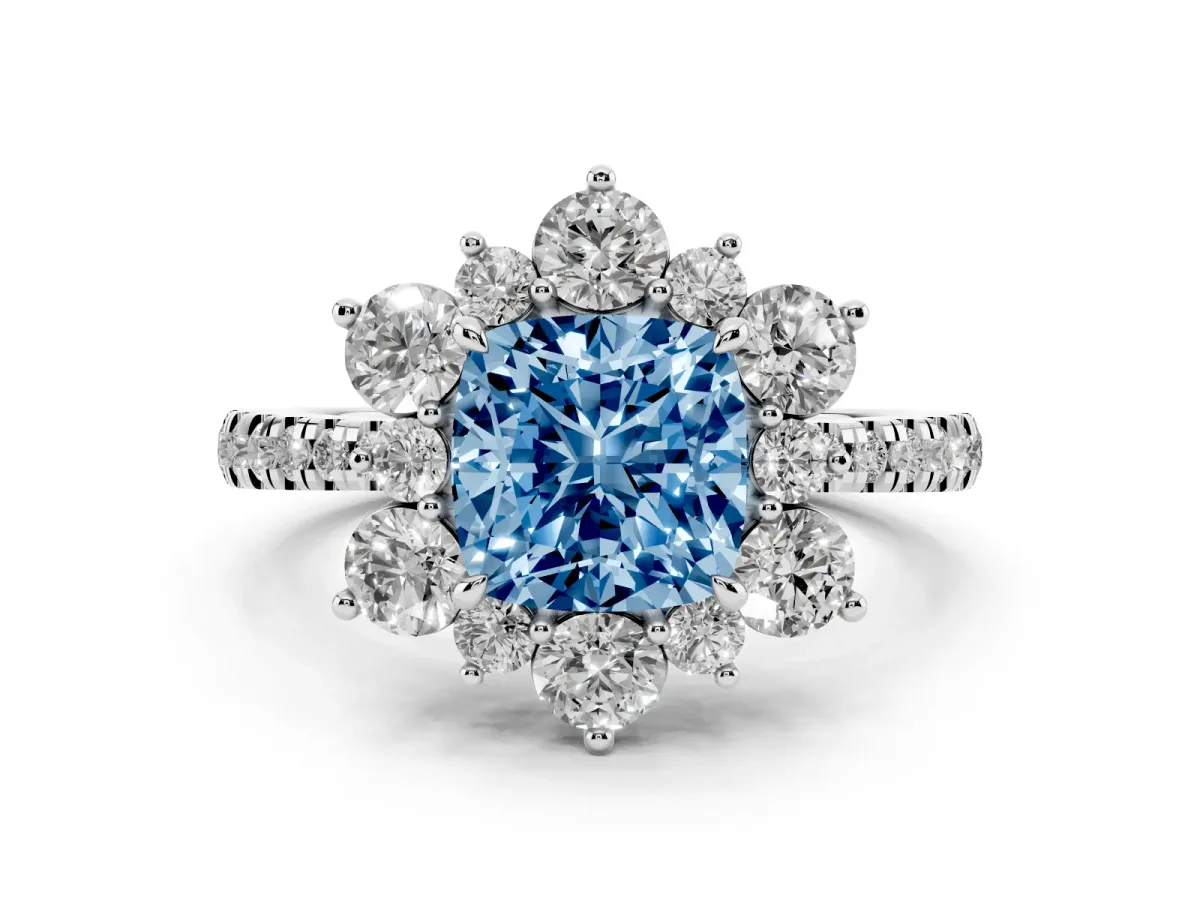 Fancy Blue Cushion Cut Diamond Floral Halo Ring with Round Pavé Band and Prong Setting Silver