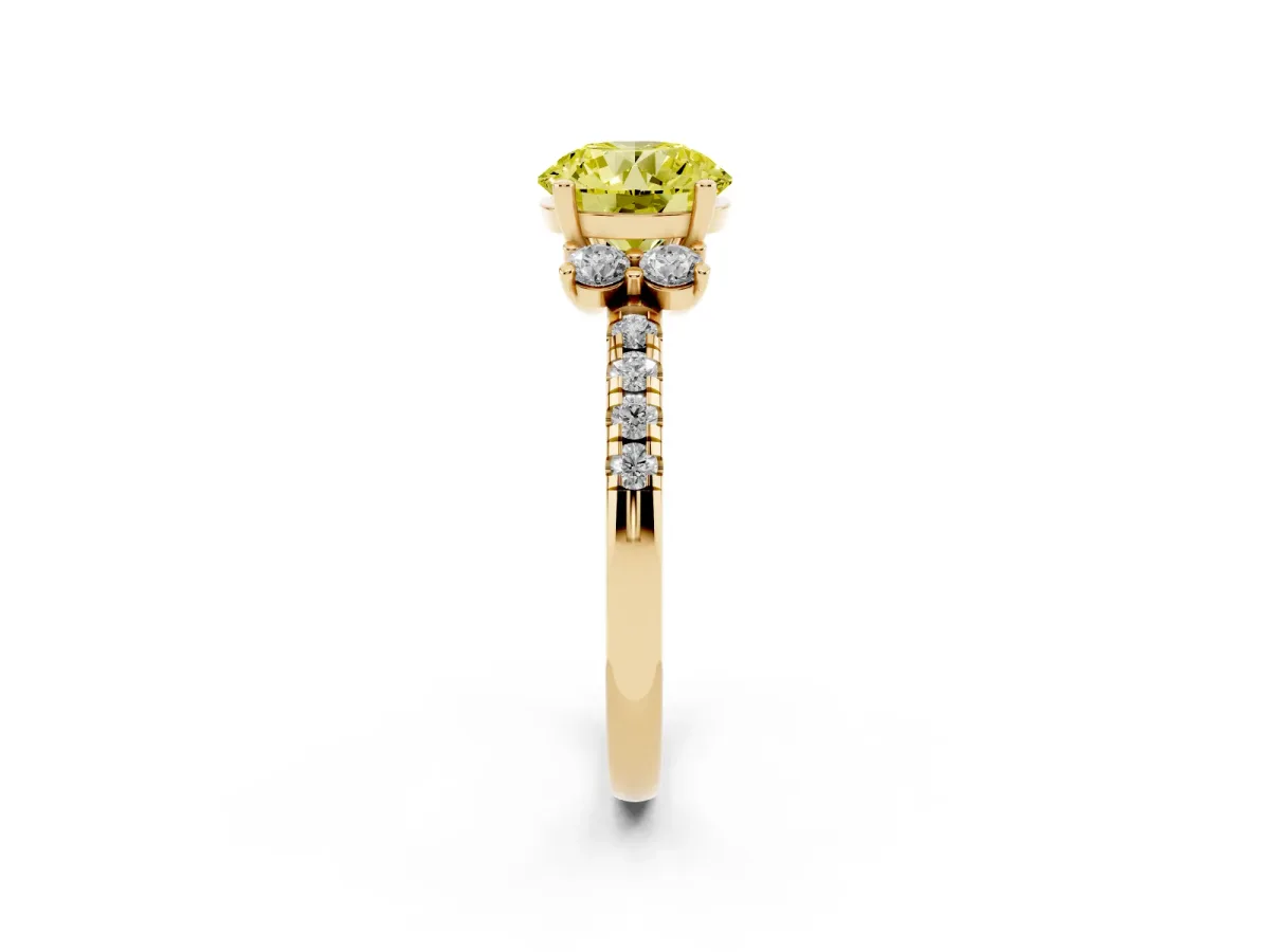 Fancy Yellow Round Cut Diamond Three-Stone Pave Band with Four-Prong Setting Yellow gold