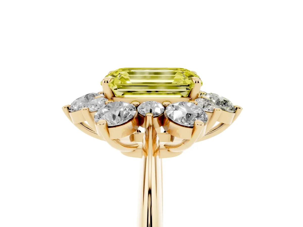 Fancy Yellow Emerald Cut Diamond Cluster Halo Ring with Solitaire Band and Four-Prong Setting Yellow gold