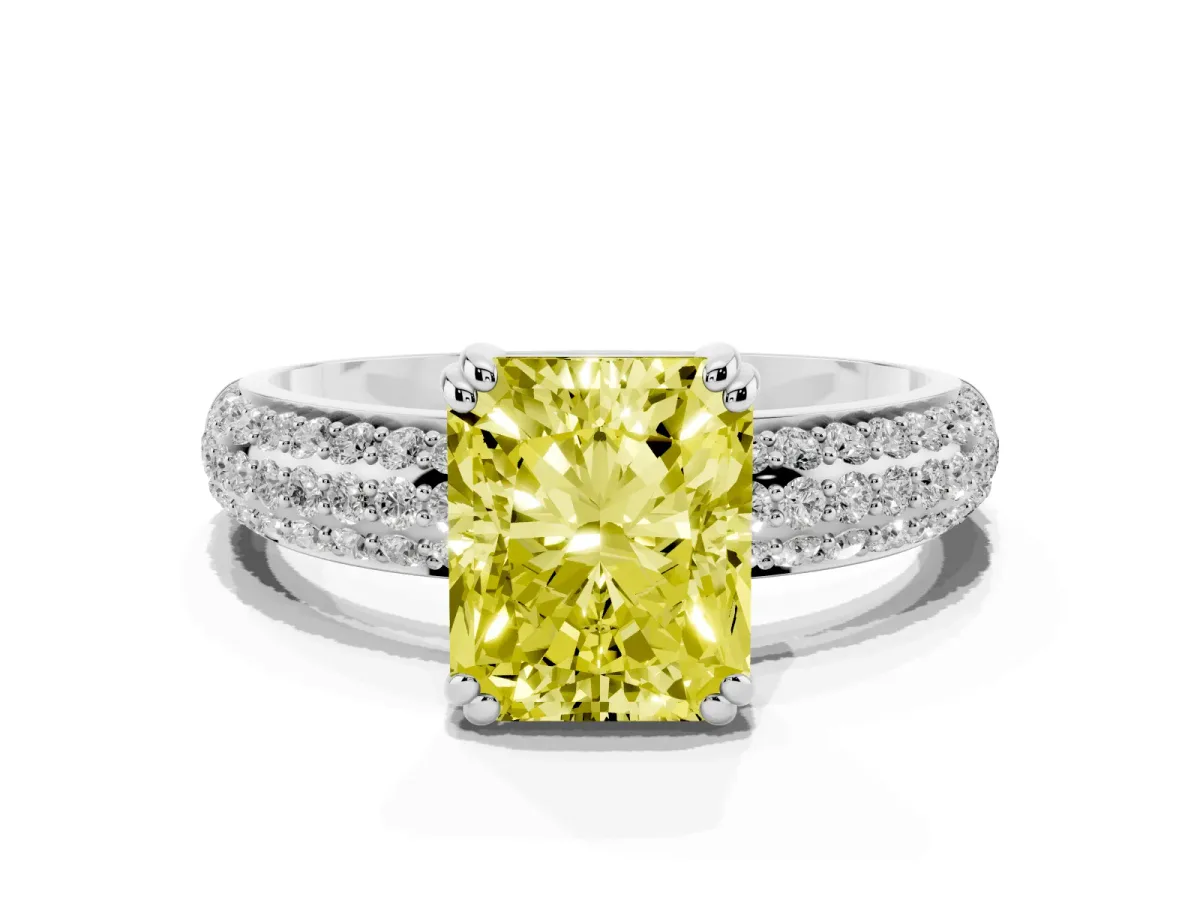 Fancy Yellow Radiant Cut Diamond Solitaire Ring with Multi-Row Round Pavé Band and Prong Setting White gold