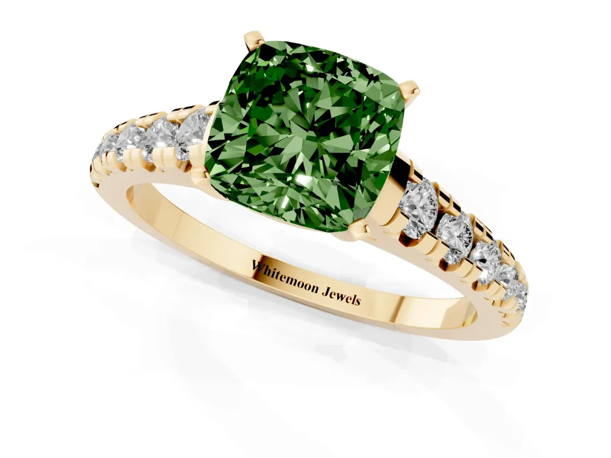 Fancy Green Cushion Cut Diamond Cathedral Solitaire Ring with Round Pavé Band Yellow gold