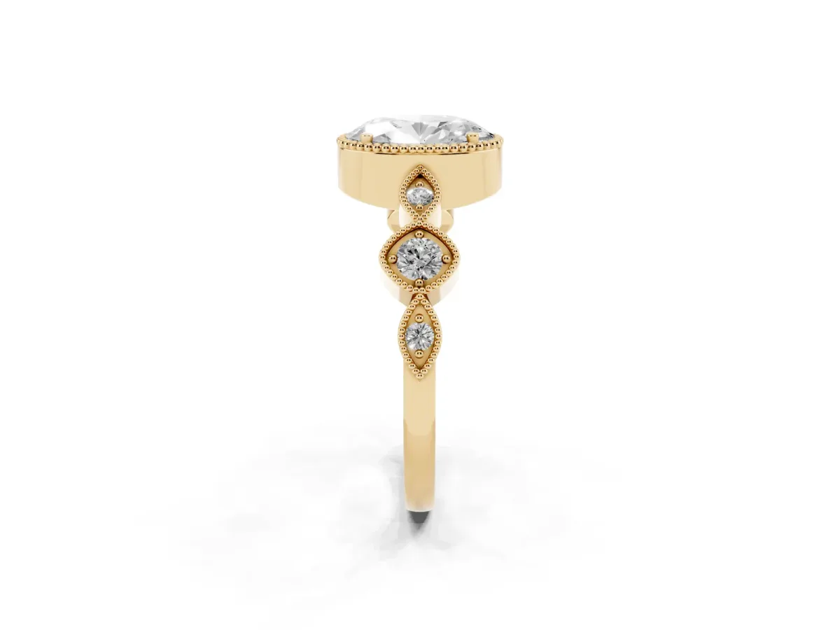 Oval Cut Diamond Vintage Milgrain Ring with Round Stations Yellow gold