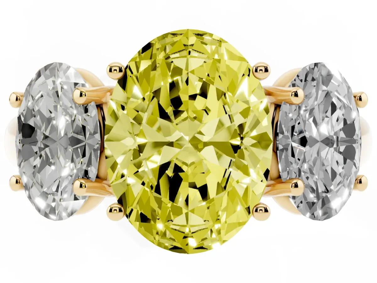 Fancy Yellow Three-Stone Oval Cut Diamond Engagement Ring with Prong Setting Yellow gold
