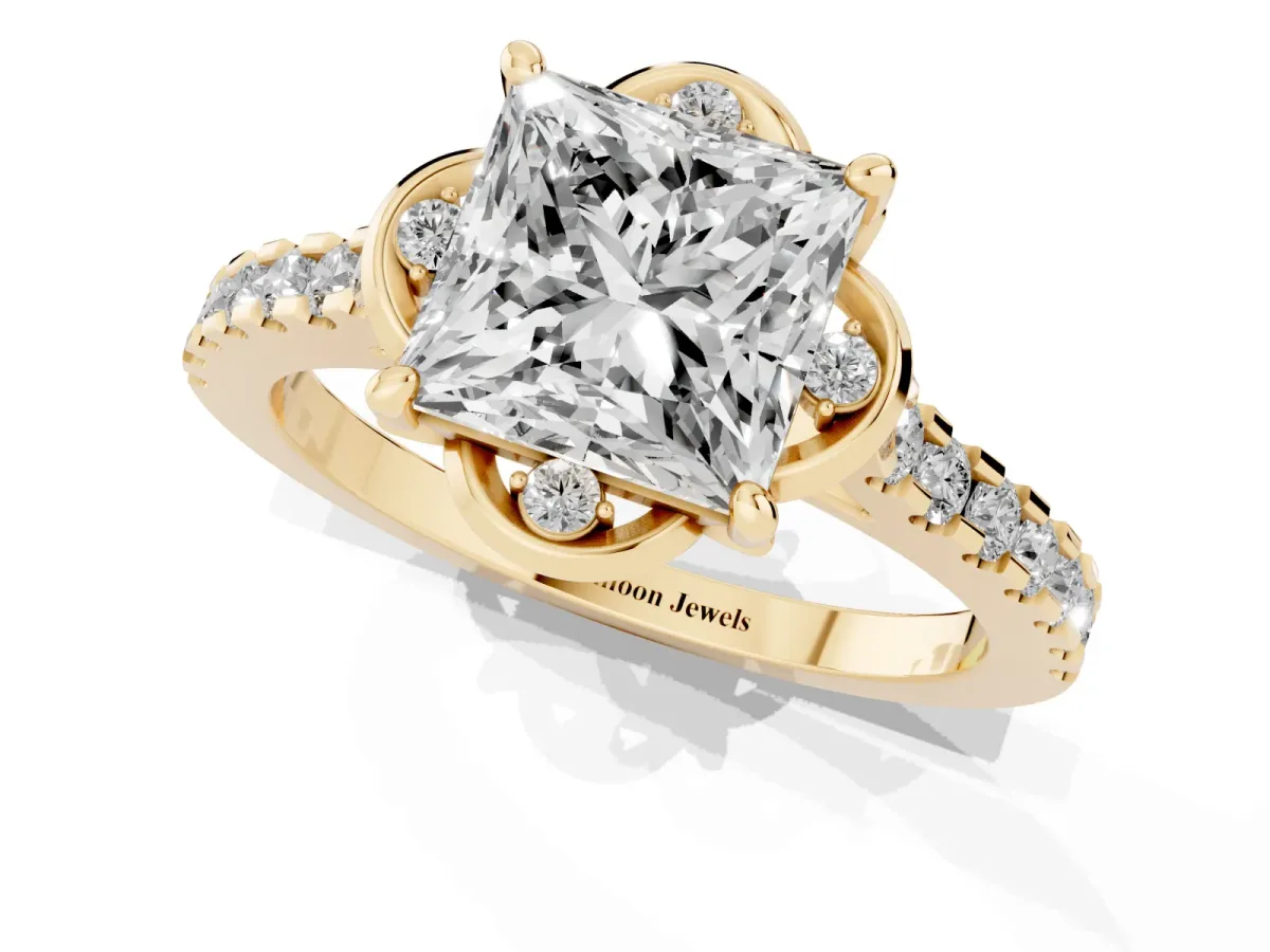 Princess Cut Diamond Ring with Pavé Band and Floral Prong Setting Yellow gold
