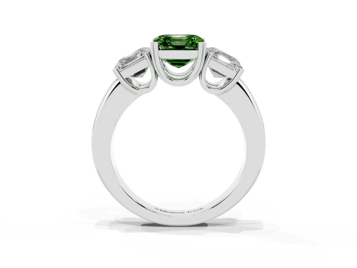 Fancy Green Three-Stone Asscher Cut Cut Diamond Ring with Channel Set Band and Four-Prong Setting Platinum