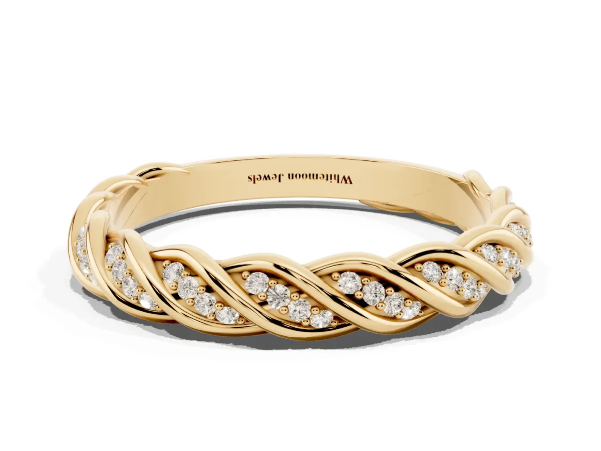 Twisted Pavé Round Diamond Eternity Band with Shared Prong Setting Yellow gold