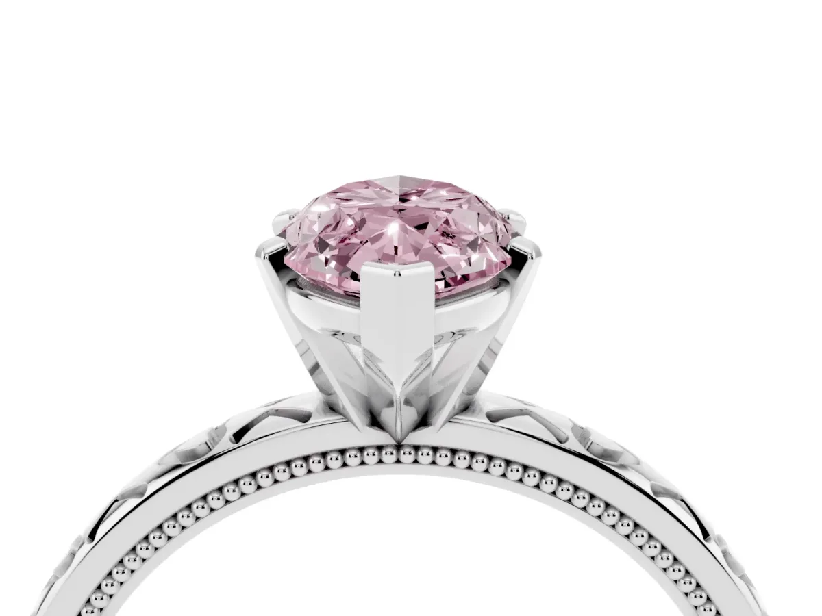 Fancy Pink Marquise Cut Solitaire Diamond Engagement Ring with XO Engraved Band and Four-Prong Setting White gold