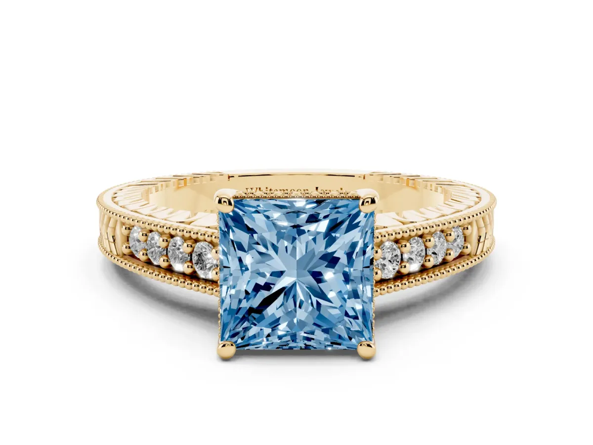 Fancy Blue Princess Cut Solitaire Pavé Diamond Milgrain Engagement Ring with Four-Prong Setting Yellow gold