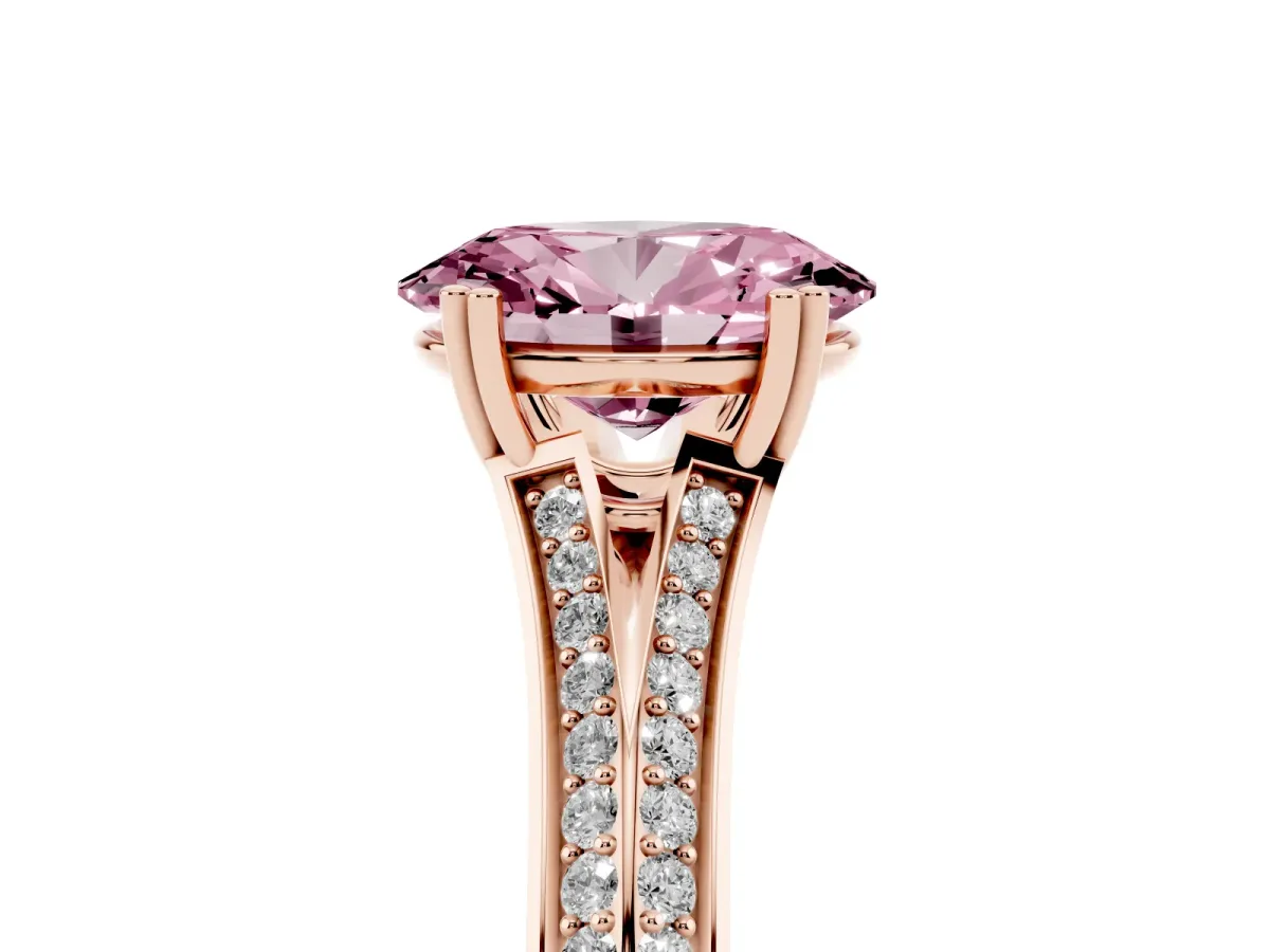 Fancy Pink Oval Cut Diamond Split Shank Engagement Ring with Pavé Band Rose gold