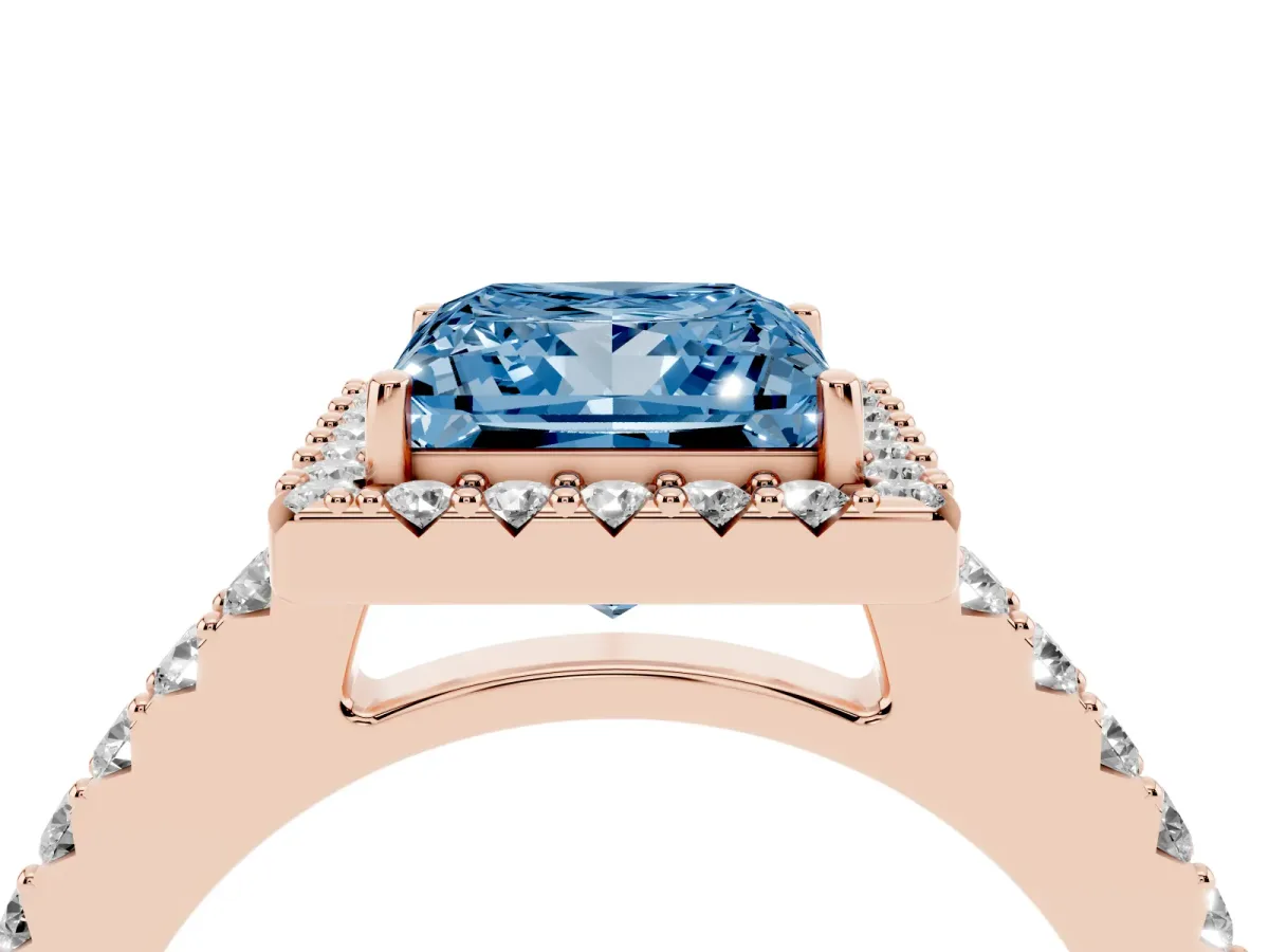 Fancy Blue Princess Cut Halo Diamond Pavé Solitaire Ring Rose gold