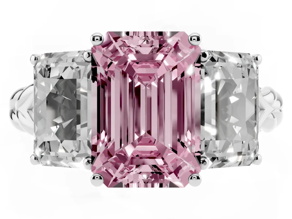 Fancy Pink Three-Stone Emerald Cut Diamond Braided Band Ring with Four-Prong Setting Platinum