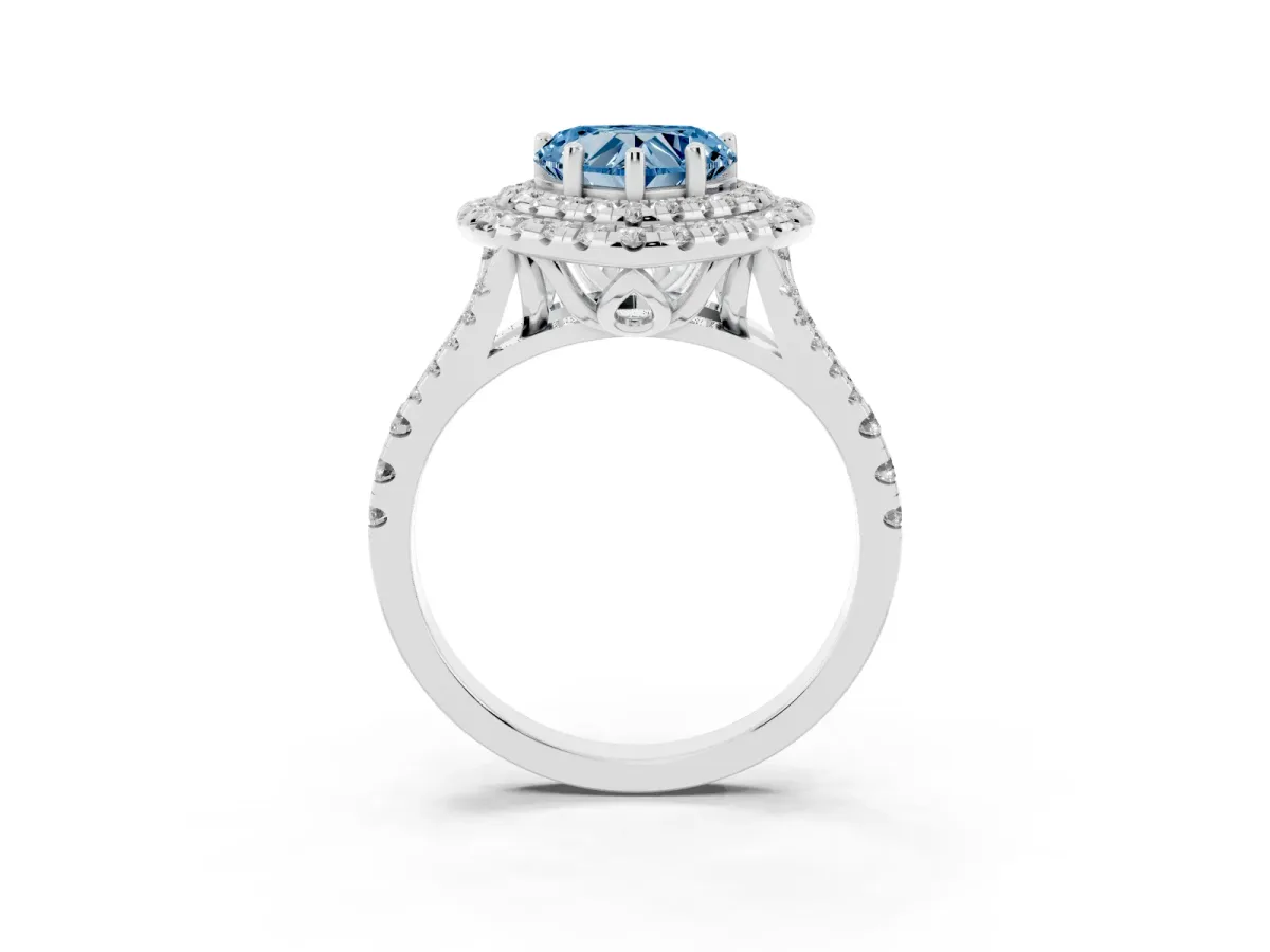 Fancy Blue Double Halo Heart Cut Diamond Pavé Split Shank Ring with Prong Setting Platinum