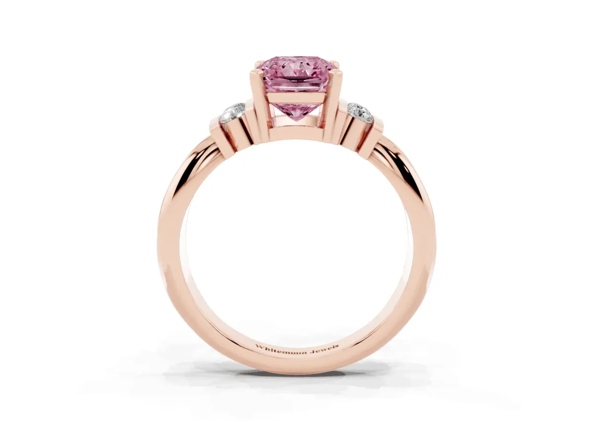 Fancy Pink Radiant Cut Cut Three-Stone Channel Set Ring with Bar Prongs Rose gold