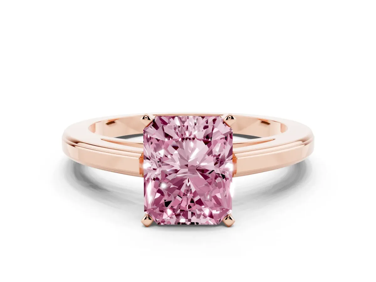 Fancy Pink Radiant Cut Solitaire Diamond Ring with Four-Prong Setting and Classic Band Rose gold
