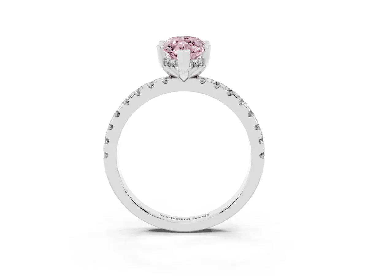 Fancy Pink Marquise Cut Diamond Solitaire Ring with Round Pavé Band and Four-Prong Setting Silver