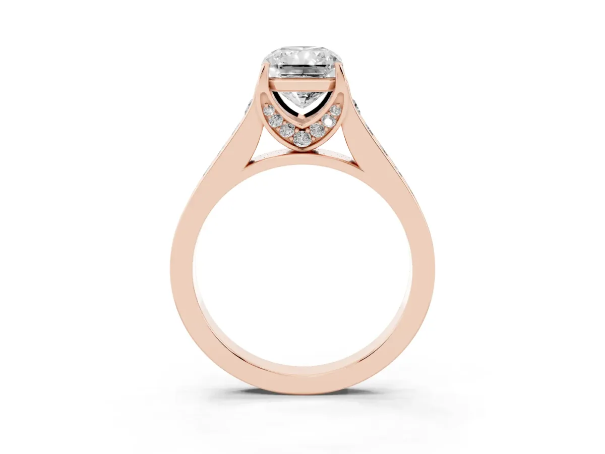 Radiant Cut Brilliant Cut Diamond Engagement Ring with Pavé Band and Four-Prong Setting Rose gold