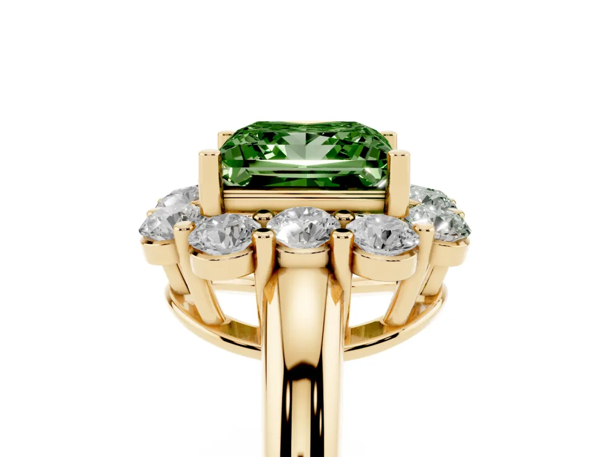 Fancy Green Princess Cut Halo Milgrain Solitaire with Bezel Set Side Stones and Pave Band Yellow gold