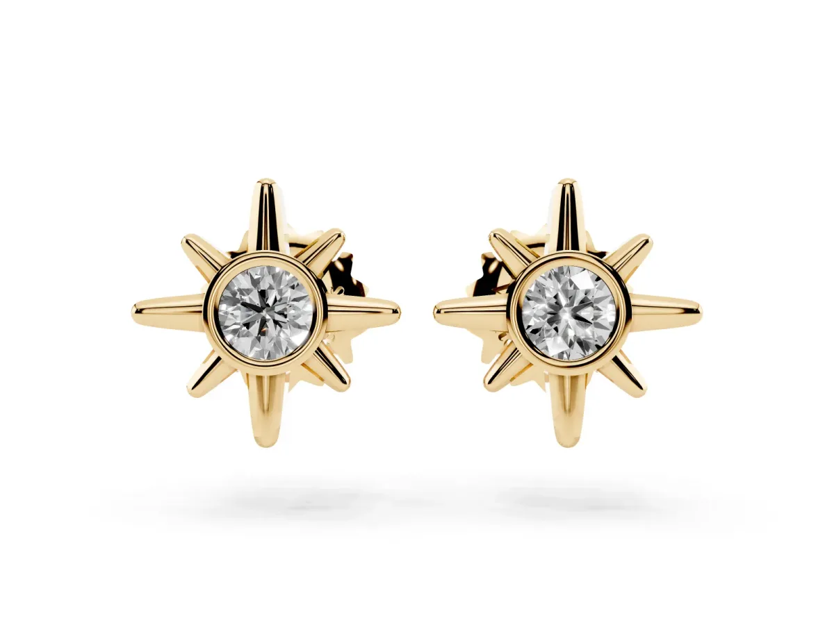 Round Diamond Sol Starburst Stud Earrings Yellow gold
