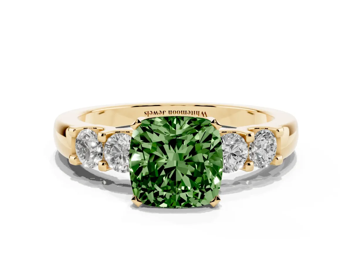 Fancy Green Cushion Cut Brilliant Cut Diamond Five-Stone Prong Set Engagement Ring with Channel Band Yellow gold