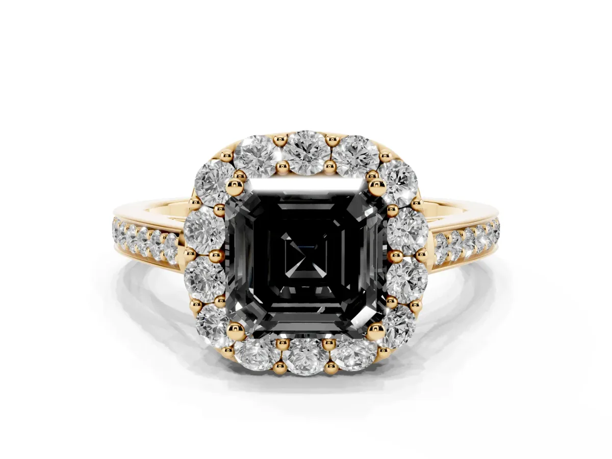 Fancy Black Asscher Cut Diamond Floral Halo Ring with Pavé Band and Prong Setting Yellow gold