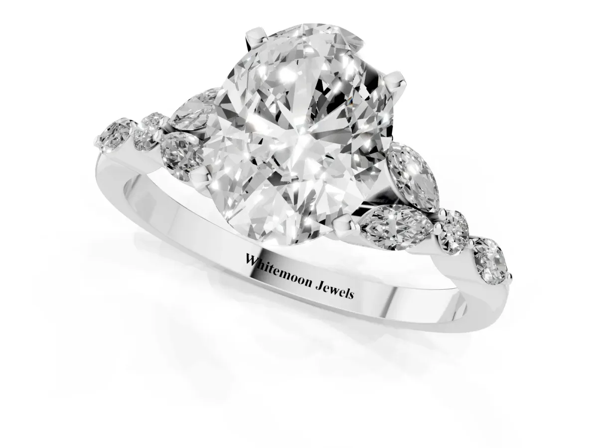 Oval Cut Diamond Solitaire Ring with Side Stones and Four-Prong Setting Silver