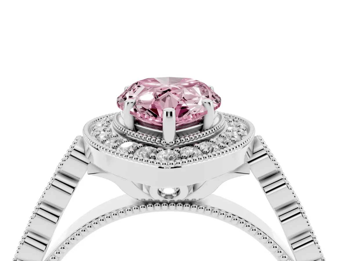 Fancy Pink Pear Cut Halo Twist Band Solitaire Ring with Six-Prong Setting Silver