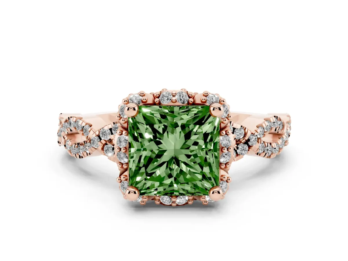 Fancy Green Princess Cut Halo Twist Band Solitaire Ring with Six-Prong Setting Rose gold