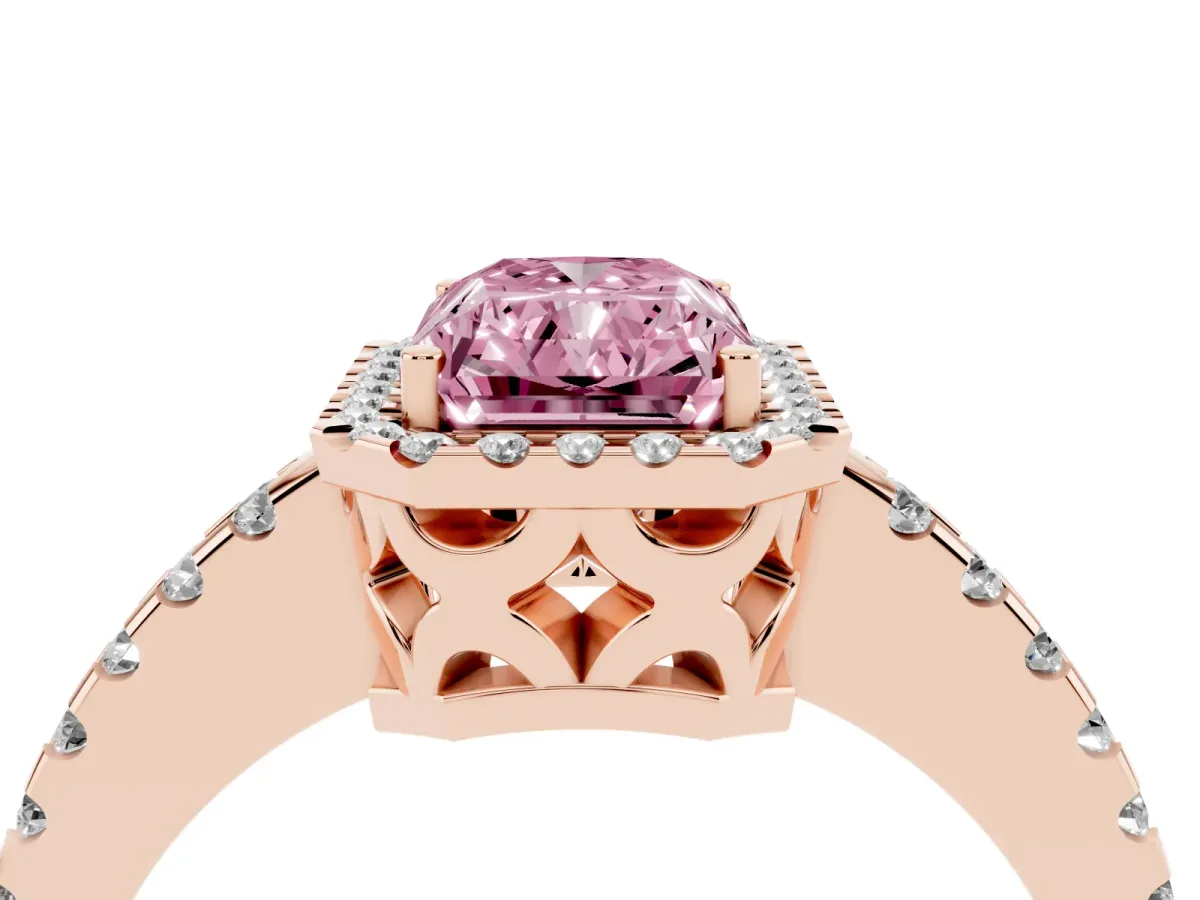 Fancy Pink Radiant Cut Diamond Halo Engagement Ring with Pavé Band and Prong Setting Rose gold