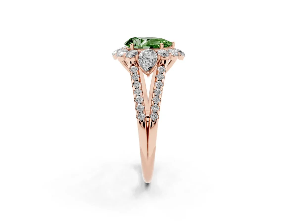 Fancy Green Pear Cut Halo Split Shank Diamond Engagement Ring with Prong Setting Rose gold