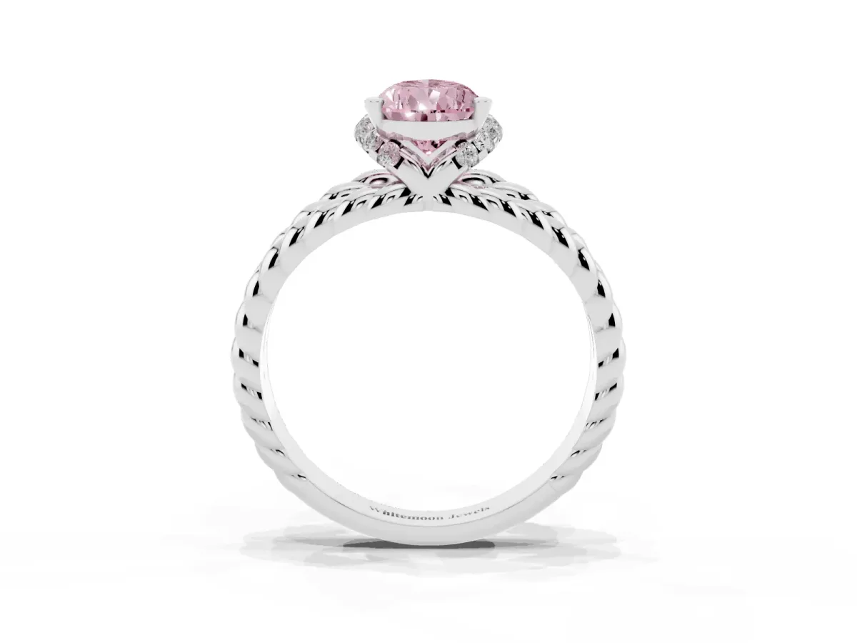 Fancy Pink Pear Cut Halo Twisted Band Four-Prong Ring Silver