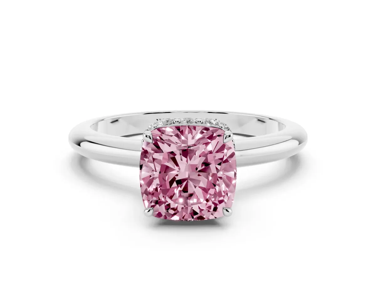 Fancy Pink Cushion Cut Brilliant Solitaire Engagement Ring with Six-Prong Setting and Classic Band Silver