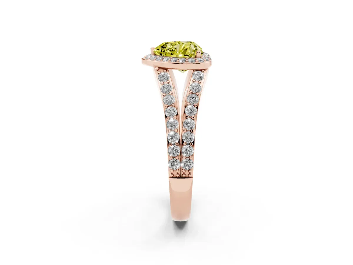 Fancy Yellow Heart Cut Diamond Split Shank Halo Ring with Four-Prong Setting Rose gold