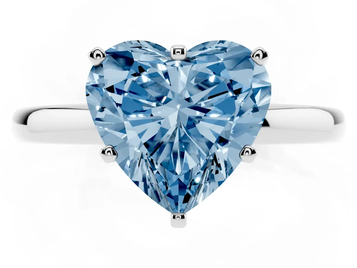 Fancy Blue Heart Cut Solitaire Diamond Ring with Six-Prong Setting on a Classic Band Platinum