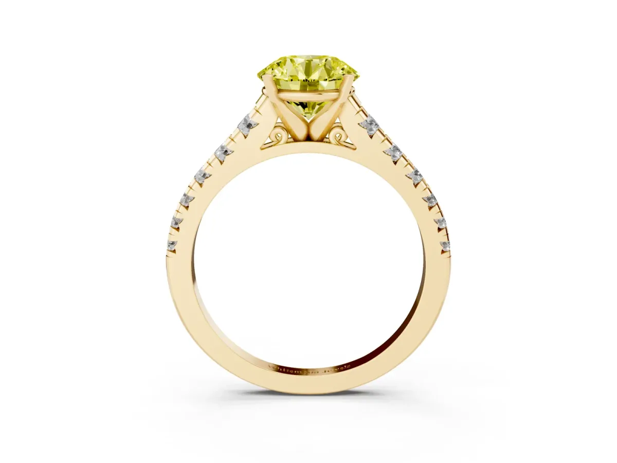 Fancy Yellow Round Cut Diamond Cathedral Solitaire Ring with Round Pavé Band Yellow gold
