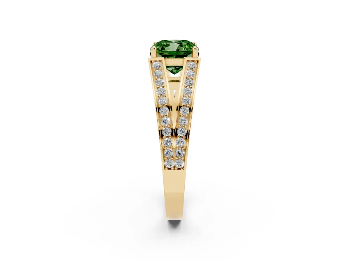 Fancy Green Cushion Cut Diamond Split Shank Ring with Pavé Band and Four-Prong Setting Yellow gold
