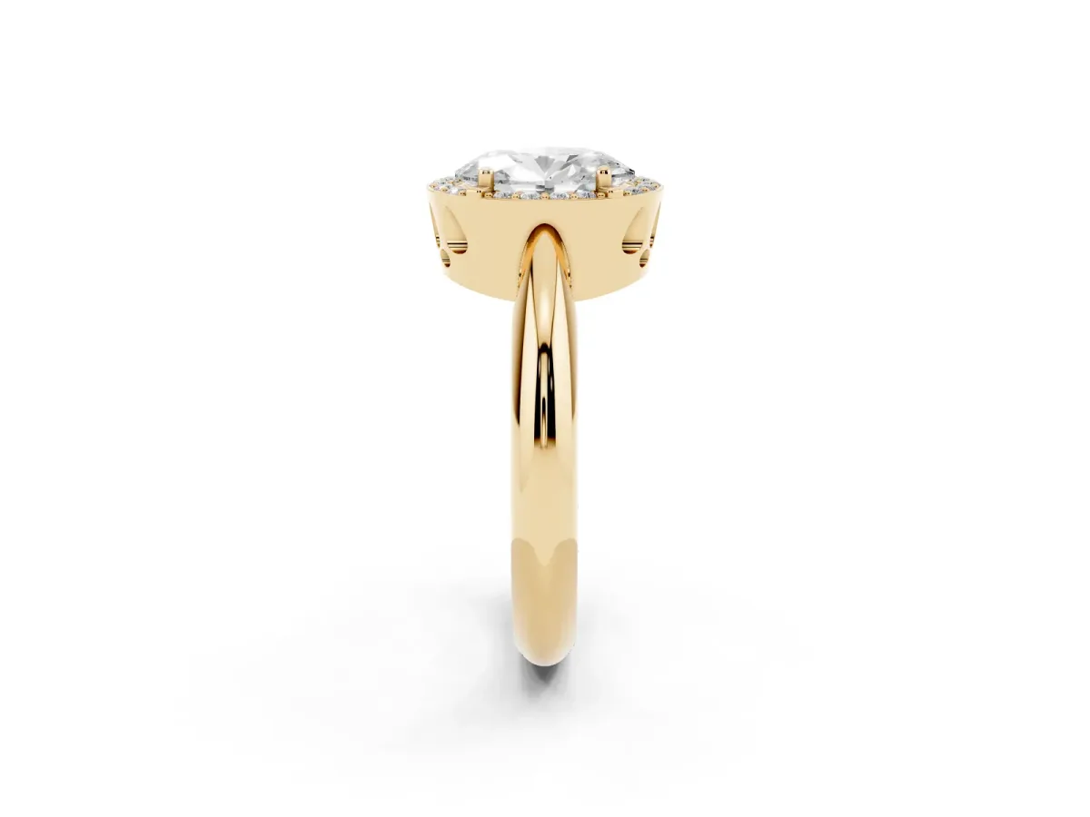 Oval Cut Cut Diamond Halo Engagement Ring with Split Shank and Four-Prong Setting Yellow gold