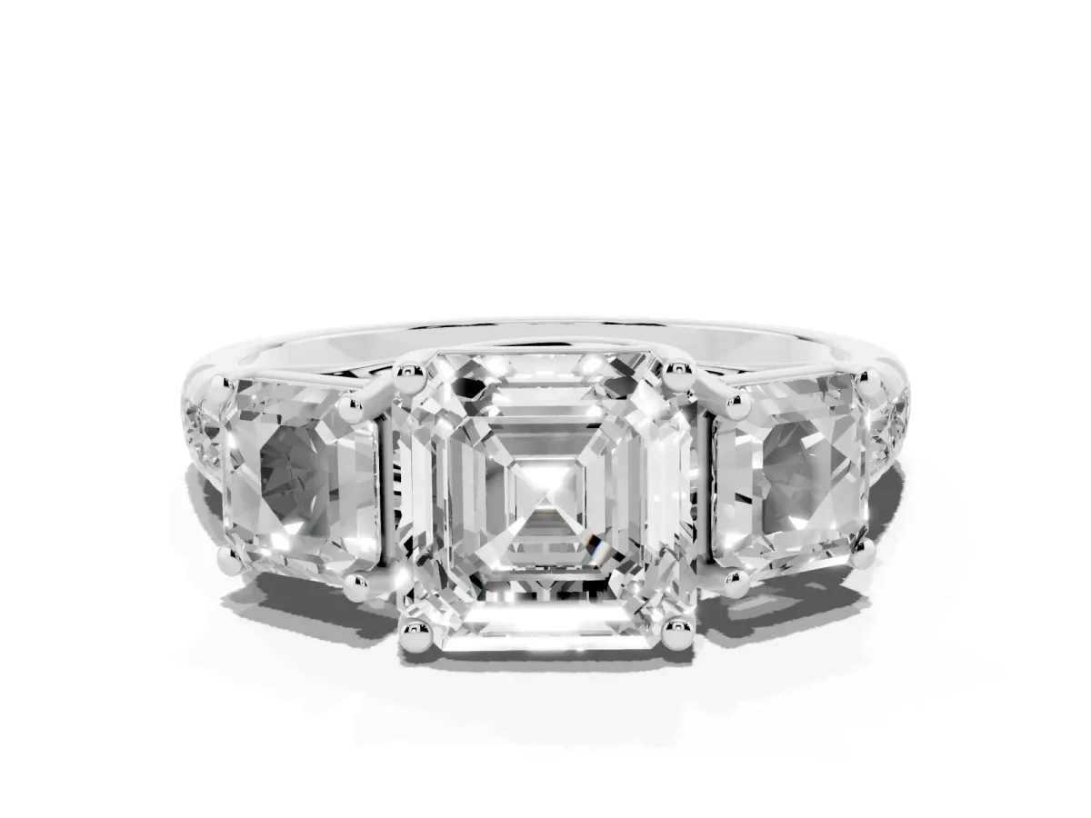 Three-Stone Asscher Cut Diamond Pavé Band with Prong Setting Platinum