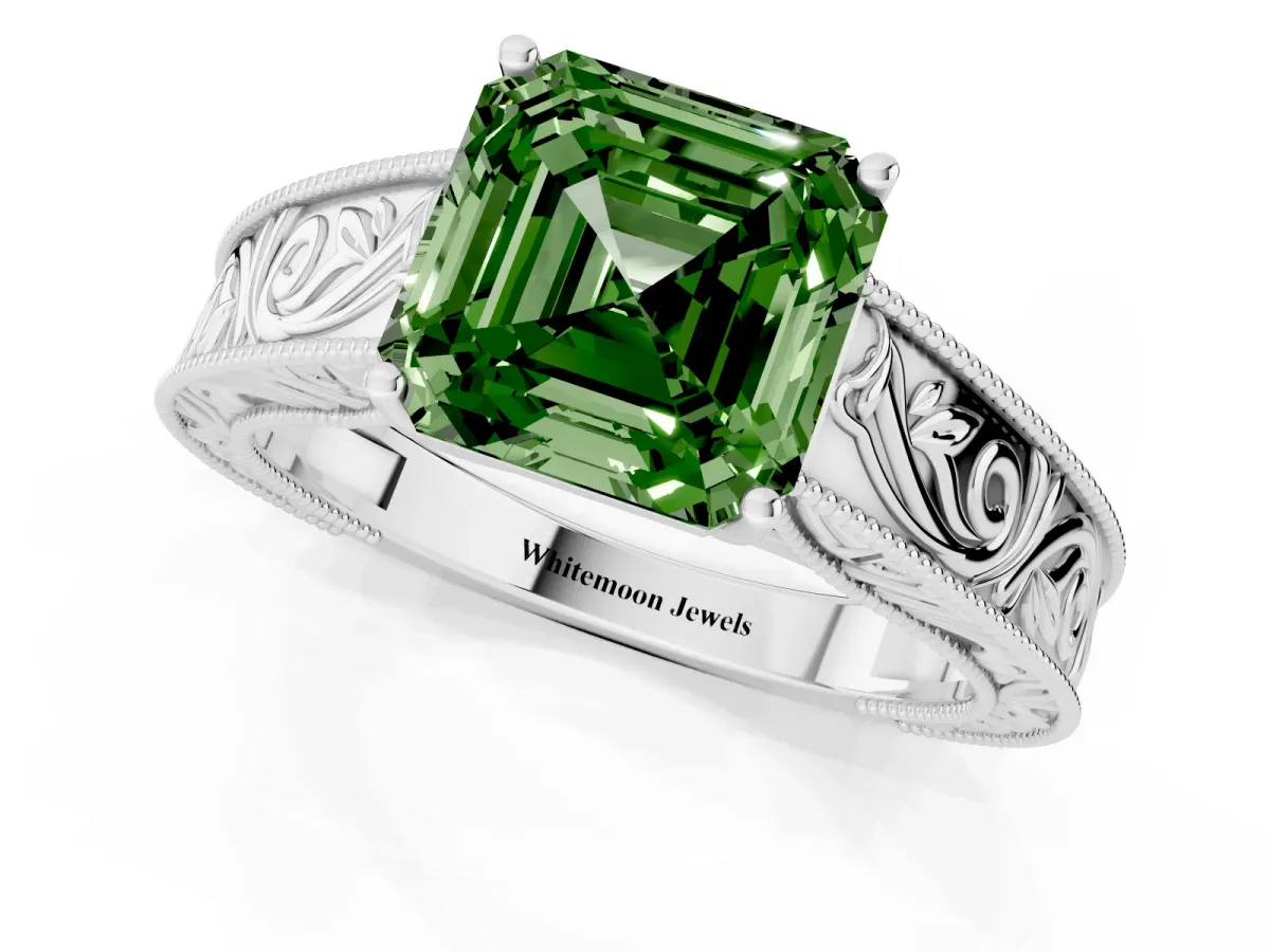 Fancy Green Asscher Cut Diamond Solitaire Ring with Engraved Band and Four-Prong Setting White gold