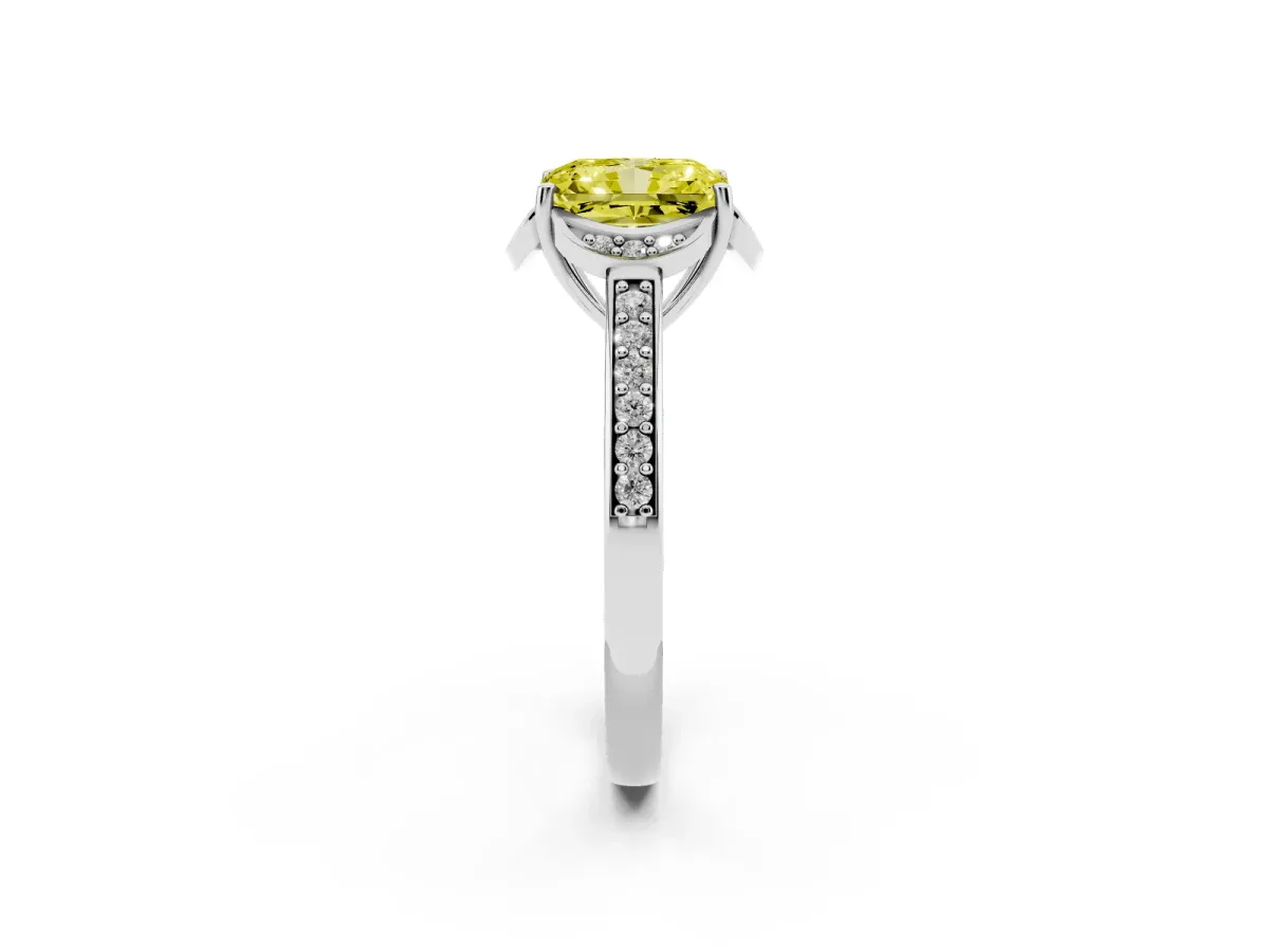 Fancy Yellow Radiant Cut Cut Halo Diamond Ring with Channel Set Band and Four-Prong Setting Silver