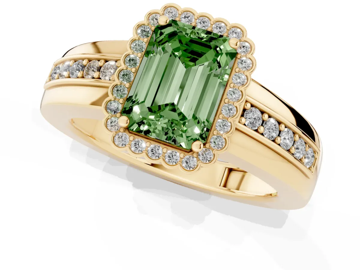 Fancy Green Emerald Cut Cut Halo Pave Band Four-Prong Ring Yellow gold