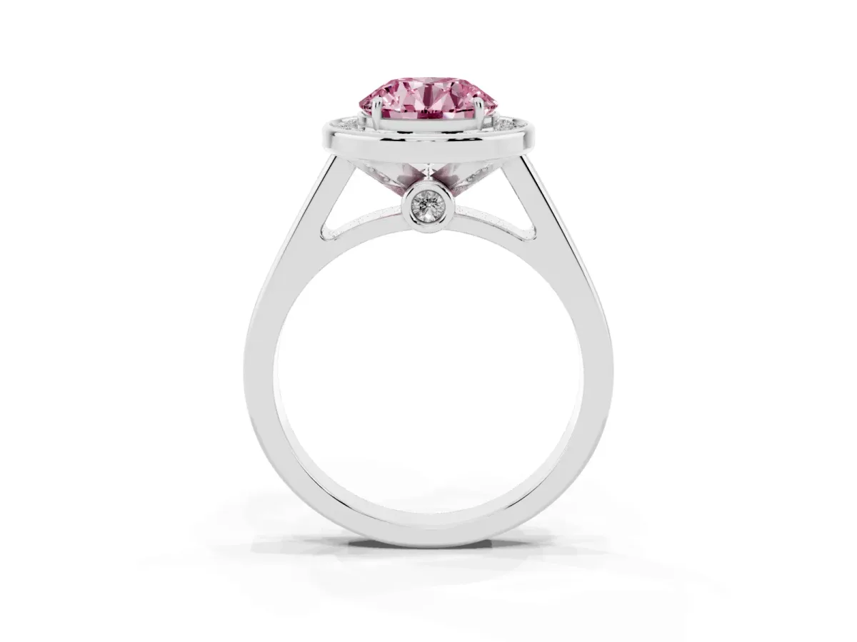 Fancy Pink Round Cut Halo Solitaire Diamond Ring with Pave Band and Bezel Setting Silver