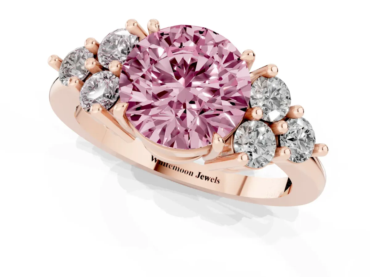 Fancy Pink Round Cut Brilliant Diamond Cluster Accent Solitaire Ring with Prong Setting Rose gold