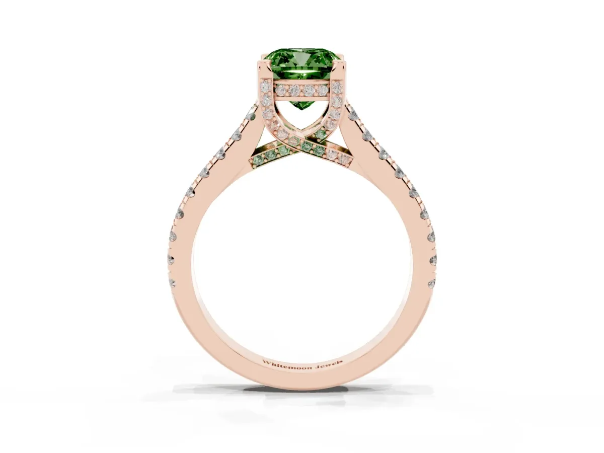 Fancy Green Cushion Cut Brilliant Diamond Solitaire with Pavé Band and Four-Prong Setting Rose gold