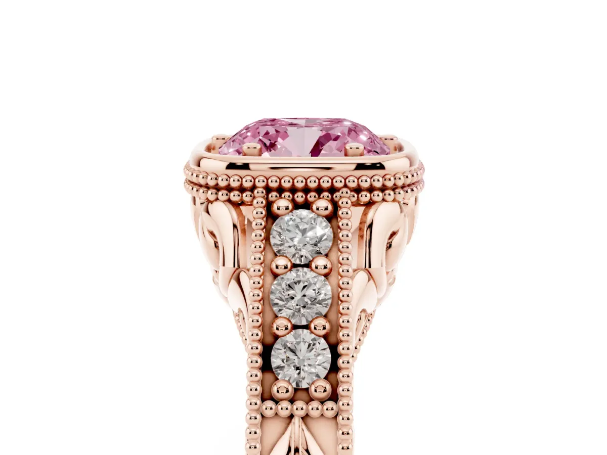 Fancy Pink Bezel Set Cushion Cut Diamond Milgrain Pave Engagement Ring Rose gold