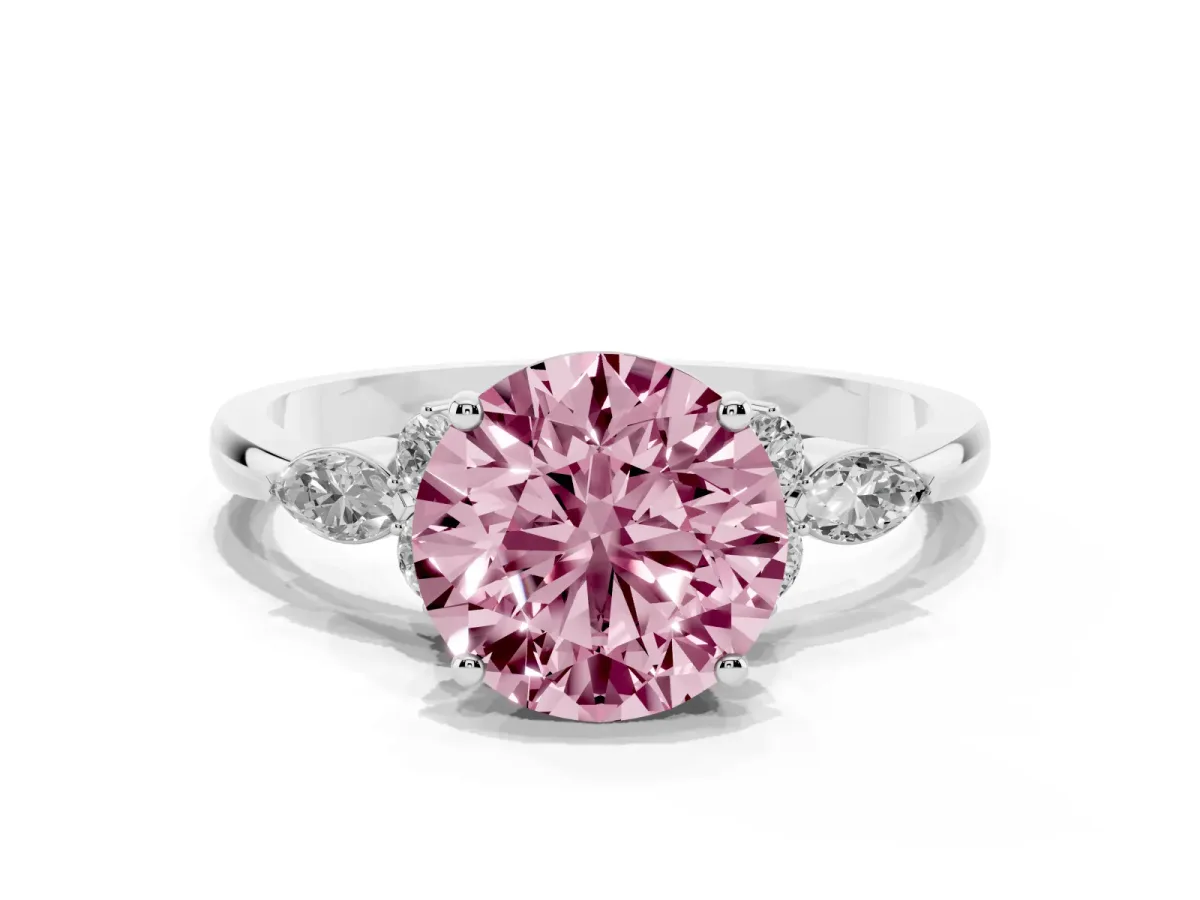 Fancy Pink Round Cut Brilliant Diamond Solitaire Ring with Pear Side Stones and Four-Prong Setting White gold