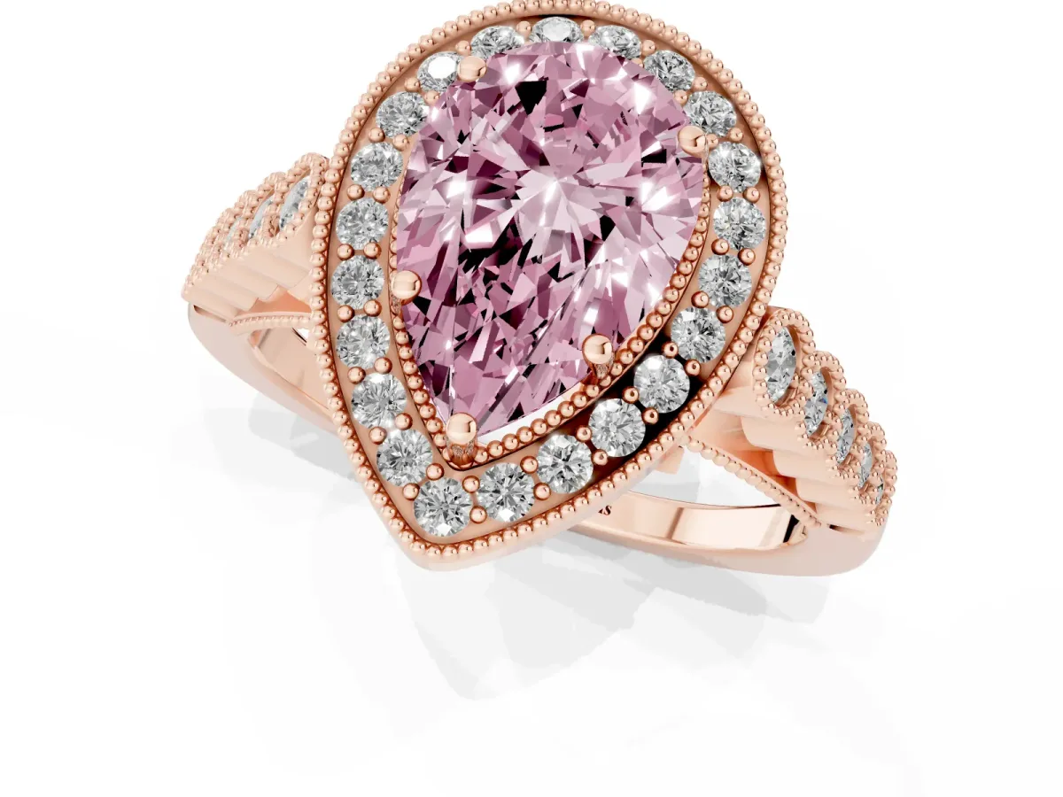 Fancy Pink Pear Cut Halo Milgrain Solitaire with Bezel Set Side Stones and Pave Band Rose gold
