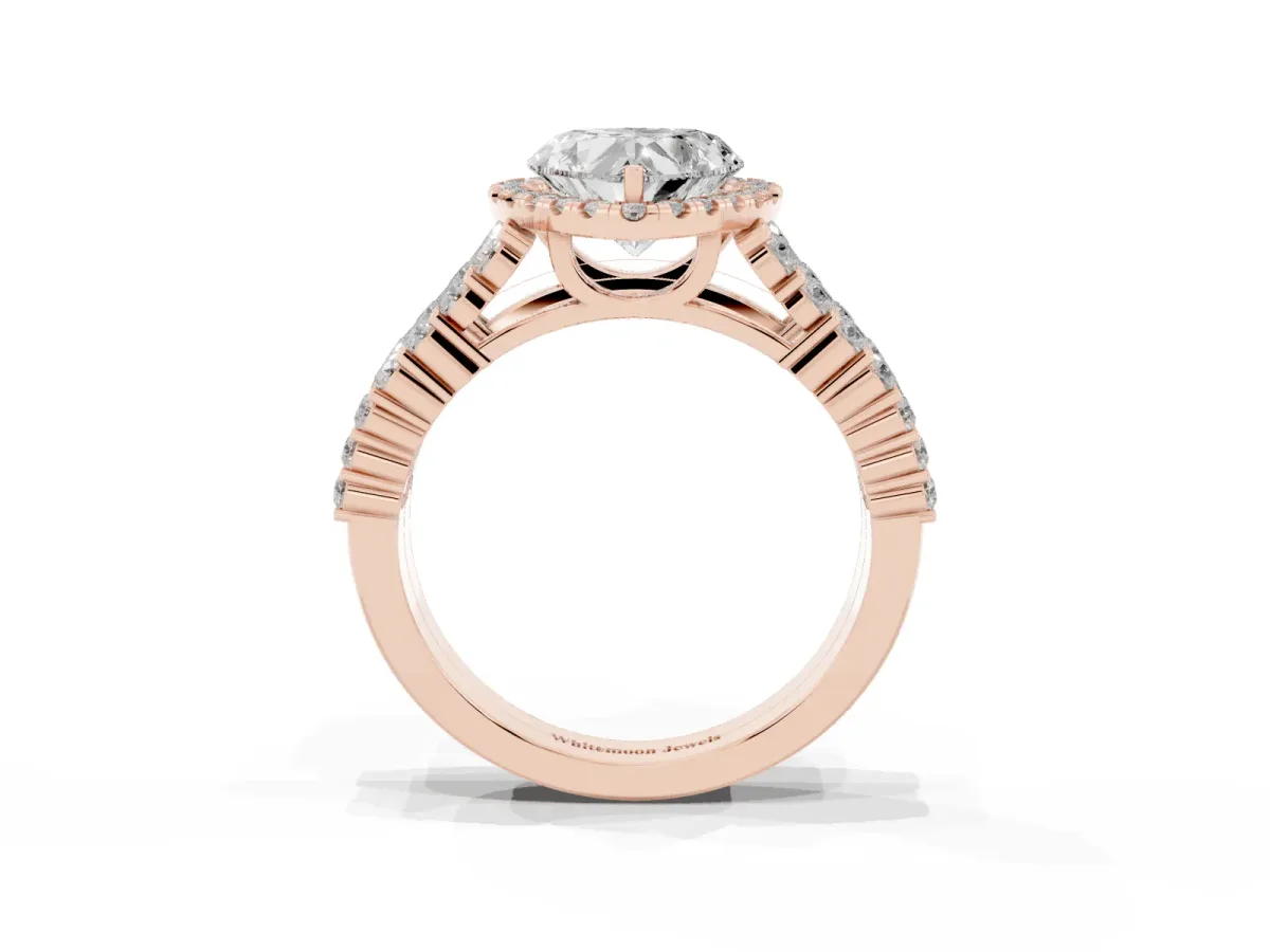 Heart Cut Diamond Halo Engagement Ring with Triple Row Round Pavé Band and Prong Setting Rose gold
