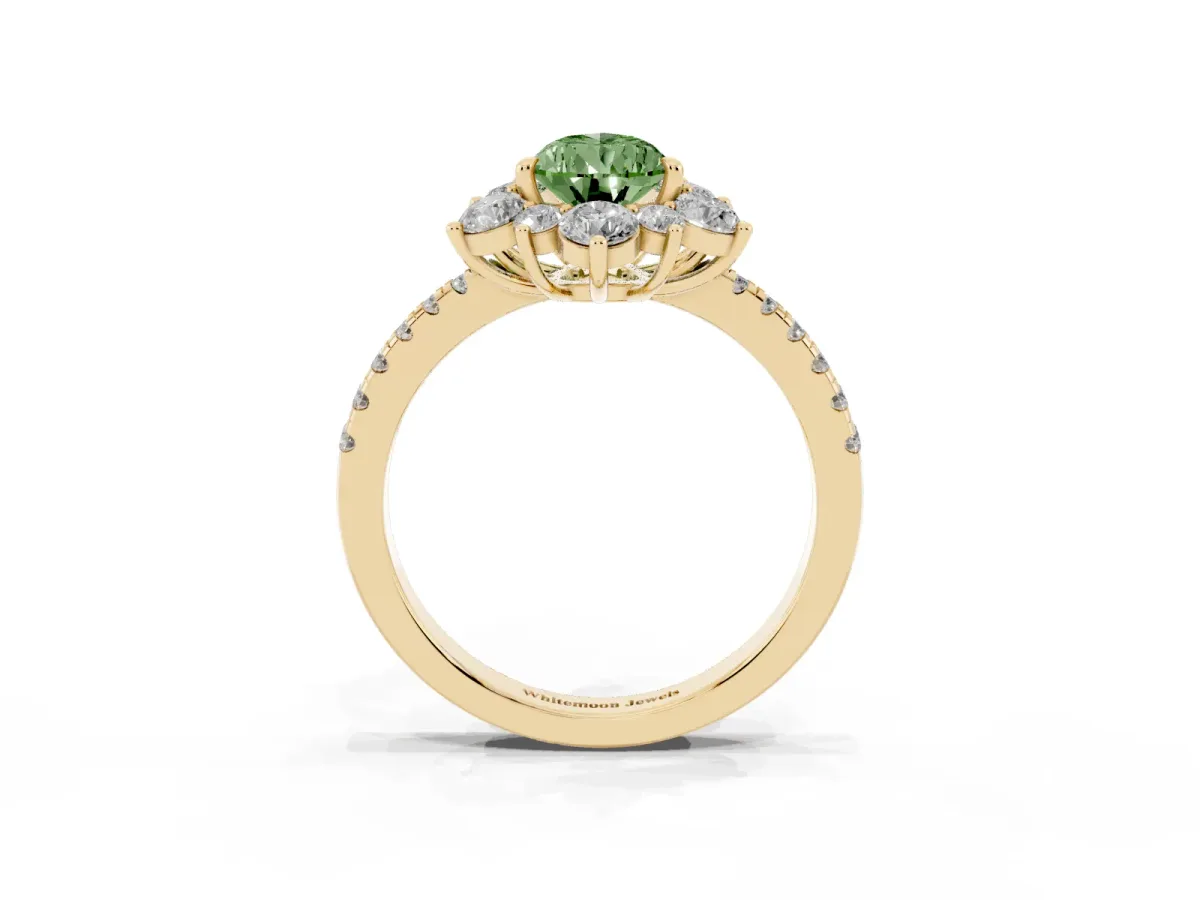 Fancy Green Pear Cut Diamond Floral Halo Ring with Round Pavé Band and Prong Setting Yellow gold